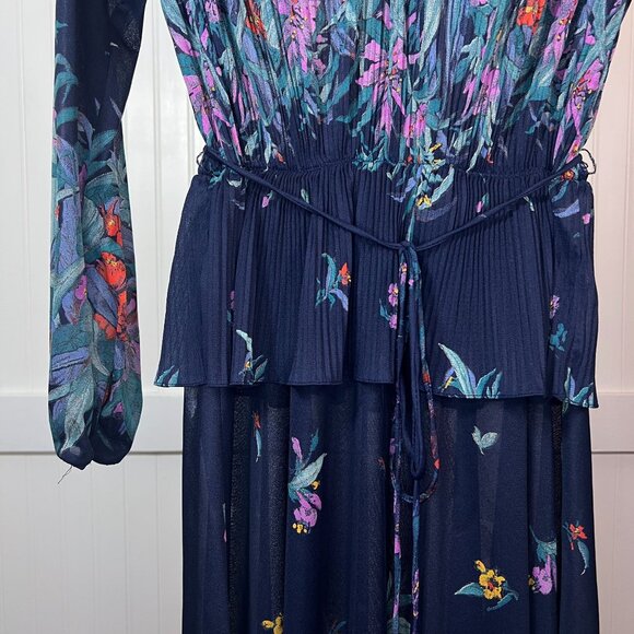 Vintage 70s Floral Pleated Midi Dress Navy Blue Long Sleeve Peplum Tie Waist - Picture 9 of 14